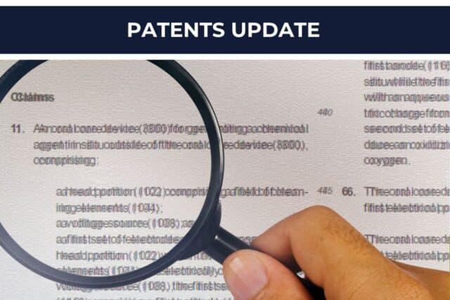 Magnifying glass highlighting patent claims text under the heading ‘Patents Update’.