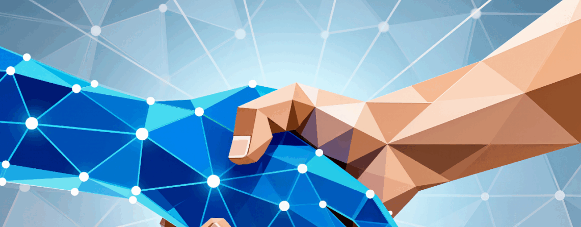 Human hand shaking a digital blue hand, representing a balanced and responsible approach to artificial intelligence.