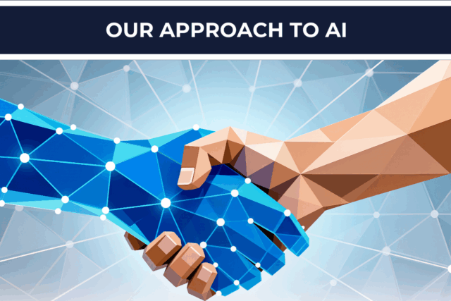 Human hand shaking a digital blue hand, representing a balanced and responsible approach to artificial intelligence.